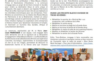 Trois-Rivières, Terre Amérindienne, met à l’honneur, dans son magazine municipal d’avril, son engagement comme Ville Bleue d’Avenir !